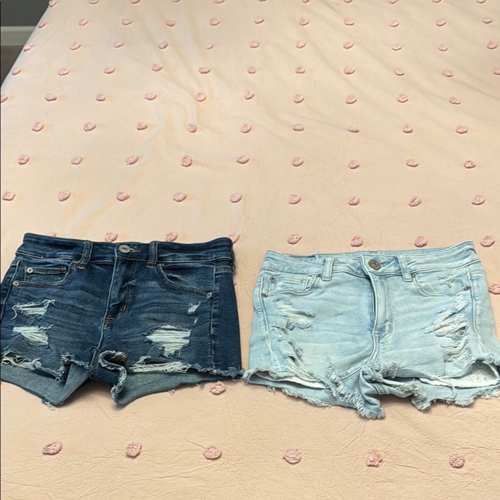 Denim Distressed Women's Shorts - Dark Blue and Light Blue